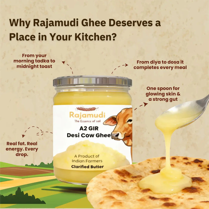 A2 Gir Cow Bilona Ghee — Hand-Churned, Grass-Fed, 100% Pure | Rajamudi Organics