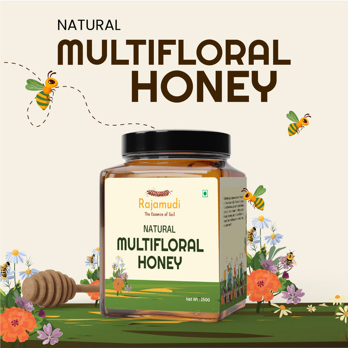 Jar of Rajamudi Natural Multifloral Honey with bees and flowers on a light background